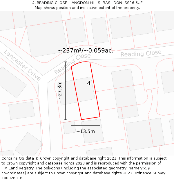 4, READING CLOSE, LANGDON HILLS, BASILDON, SS16 6UF: Plot and title map