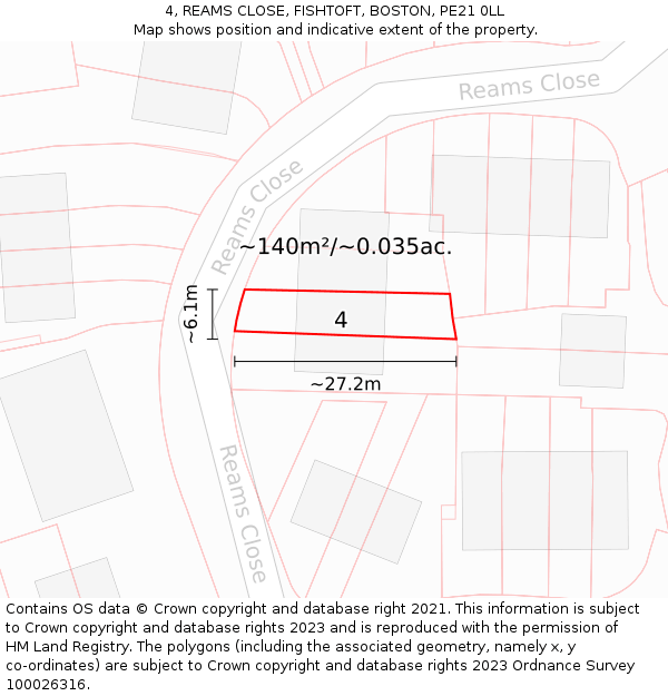 4, REAMS CLOSE, FISHTOFT, BOSTON, PE21 0LL: Plot and title map