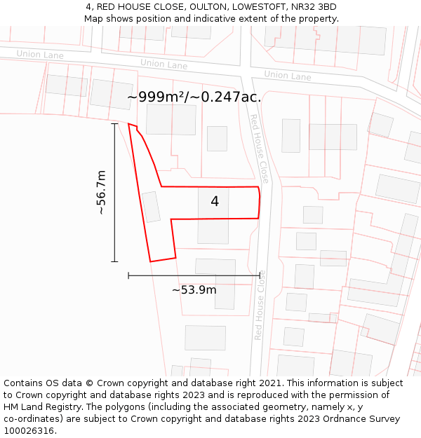 4, RED HOUSE CLOSE, OULTON, LOWESTOFT, NR32 3BD: Plot and title map