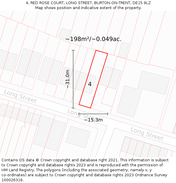 4, RED ROSE COURT, LONG STREET, BURTON-ON-TRENT, DE15 9LZ: Plot and title map