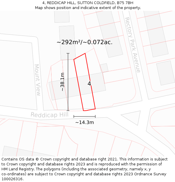 4, REDDICAP HILL, SUTTON COLDFIELD, B75 7BH: Plot and title map