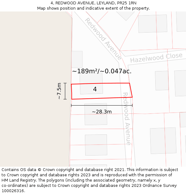 4, REDWOOD AVENUE, LEYLAND, PR25 1RN: Plot and title map