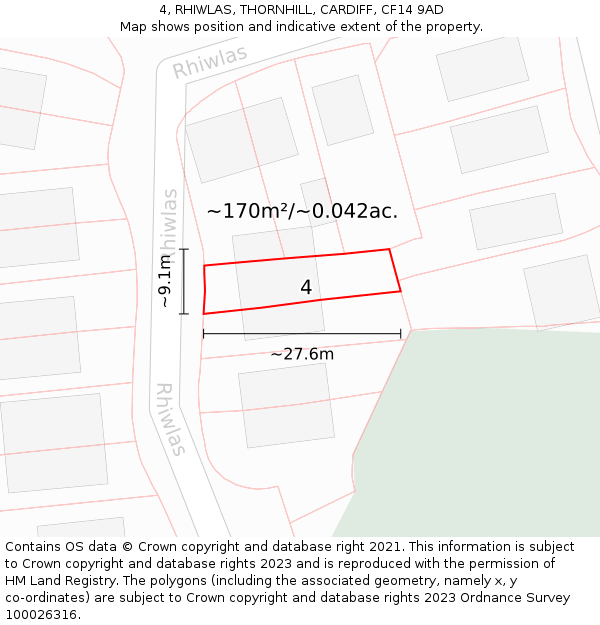 4, RHIWLAS, THORNHILL, CARDIFF, CF14 9AD: Plot and title map