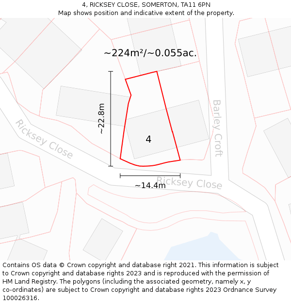 4, RICKSEY CLOSE, SOMERTON, TA11 6PN: Plot and title map