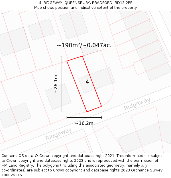 4, RIDGEWAY, QUEENSBURY, BRADFORD, BD13 2RE: Plot and title map