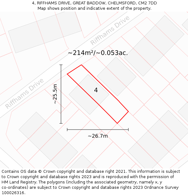 4, RIFFHAMS DRIVE, GREAT BADDOW, CHELMSFORD, CM2 7DD: Plot and title map
