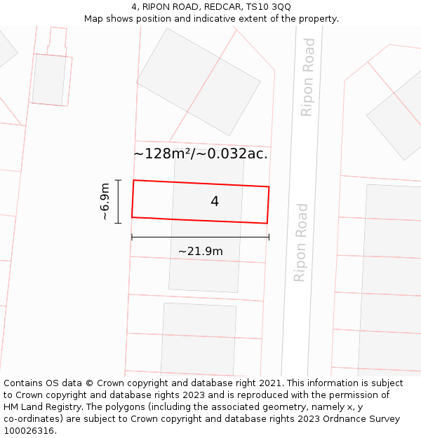 4, RIPON ROAD, REDCAR, TS10 3QQ: Plot and title map