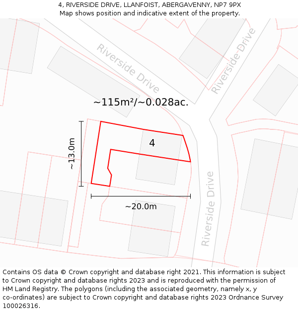 4, RIVERSIDE DRIVE, LLANFOIST, ABERGAVENNY, NP7 9PX: Plot and title map