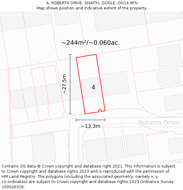 4, ROBERTS DRIVE, SNAITH, GOOLE, DN14 9FN: Plot and title map