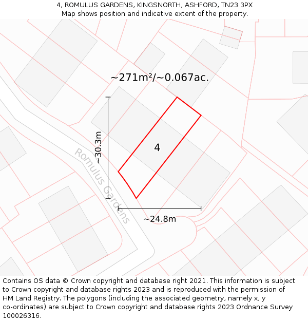 4, ROMULUS GARDENS, KINGSNORTH, ASHFORD, TN23 3PX: Plot and title map