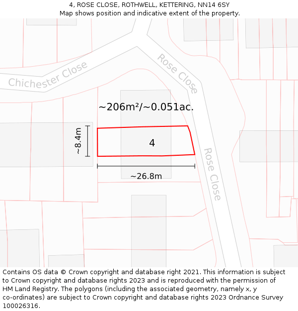 4, ROSE CLOSE, ROTHWELL, KETTERING, NN14 6SY: Plot and title map
