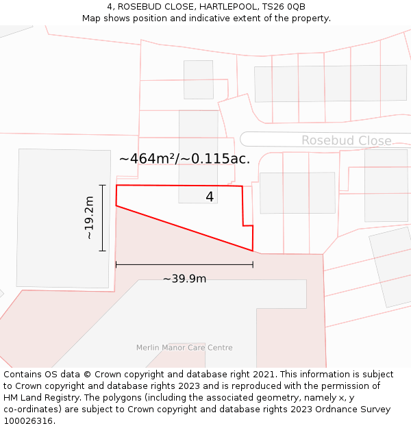 4, ROSEBUD CLOSE, HARTLEPOOL, TS26 0QB: Plot and title map
