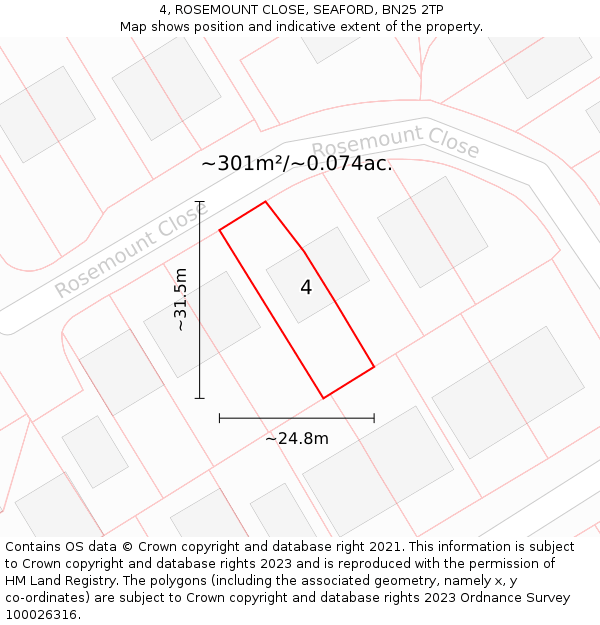 4, ROSEMOUNT CLOSE, SEAFORD, BN25 2TP: Plot and title map