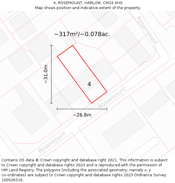 4, ROSEMOUNT, HARLOW, CM19 4HS: Plot and title map