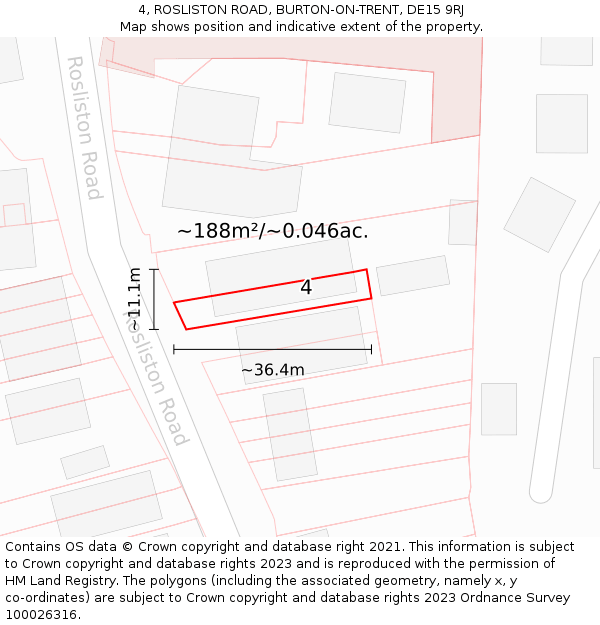 4, ROSLISTON ROAD, BURTON-ON-TRENT, DE15 9RJ: Plot and title map