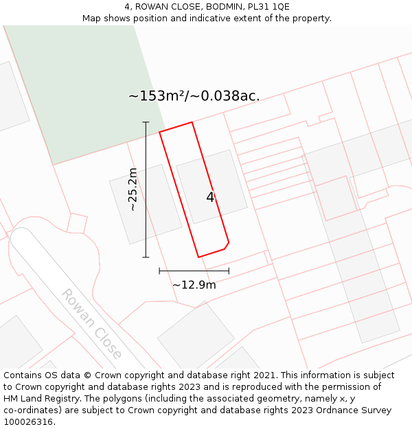 4, ROWAN CLOSE, BODMIN, PL31 1QE: Plot and title map