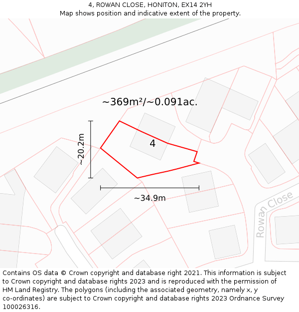 4, ROWAN CLOSE, HONITON, EX14 2YH: Plot and title map