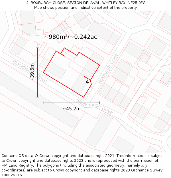 4, ROXBURGH CLOSE, SEATON DELAVAL, WHITLEY BAY, NE25 0FG: Plot and title map