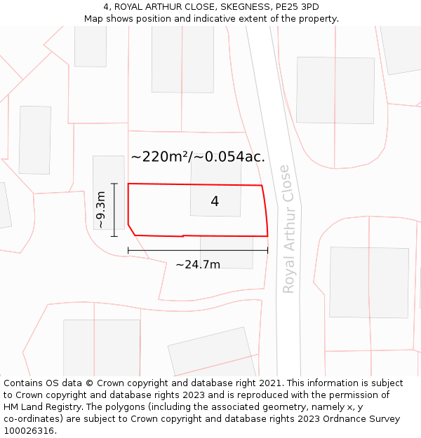 4, ROYAL ARTHUR CLOSE, SKEGNESS, PE25 3PD: Plot and title map