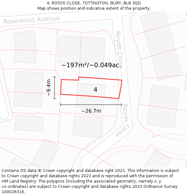 4, ROYDS CLOSE, TOTTINGTON, BURY, BL8 3QD: Plot and title map