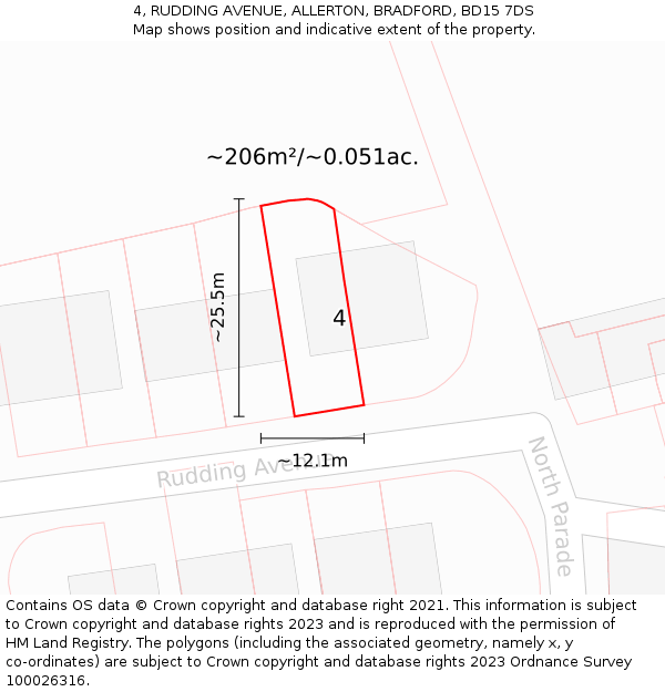 4, RUDDING AVENUE, ALLERTON, BRADFORD, BD15 7DS: Plot and title map