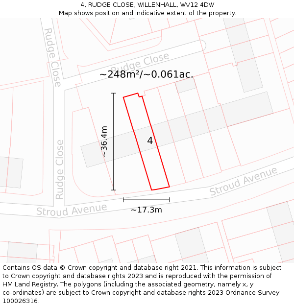 4, RUDGE CLOSE, WILLENHALL, WV12 4DW: Plot and title map