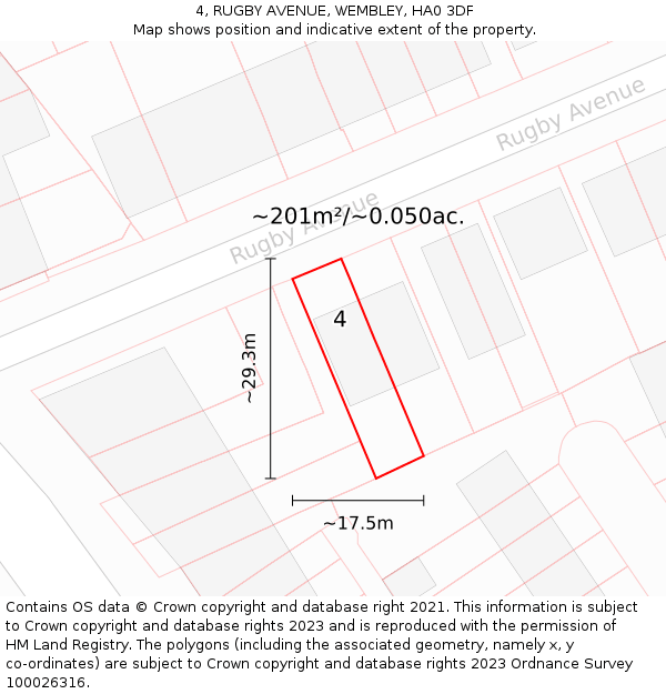 4, RUGBY AVENUE, WEMBLEY, HA0 3DF: Plot and title map