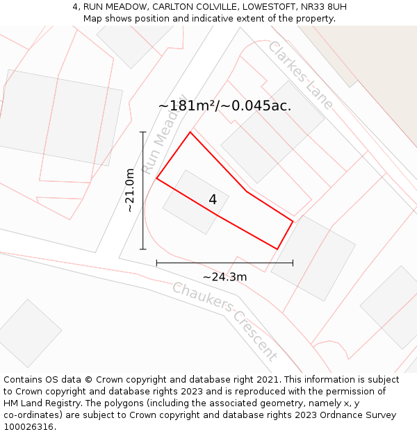 4, RUN MEADOW, CARLTON COLVILLE, LOWESTOFT, NR33 8UH: Plot and title map