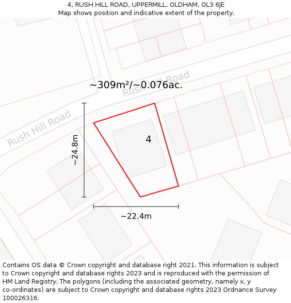 4, RUSH HILL ROAD, UPPERMILL, OLDHAM, OL3 6JE: Plot and title map
