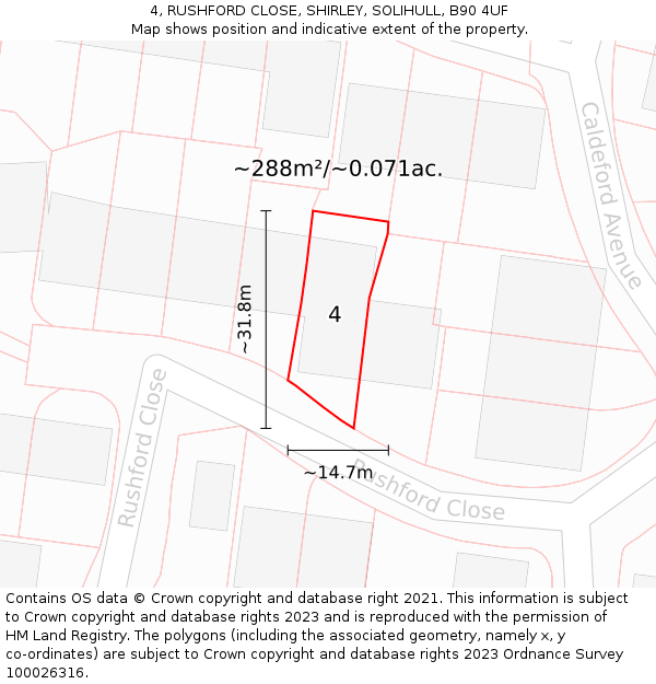 4, RUSHFORD CLOSE, SHIRLEY, SOLIHULL, B90 4UF: Plot and title map