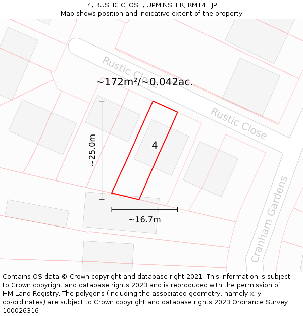 4, RUSTIC CLOSE, UPMINSTER, RM14 1JP: Plot and title map