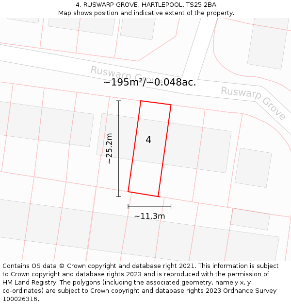 4, RUSWARP GROVE, HARTLEPOOL, TS25 2BA: Plot and title map
