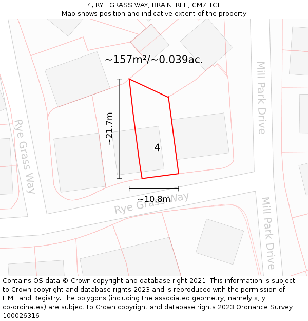 4, RYE GRASS WAY, BRAINTREE, CM7 1GL: Plot and title map