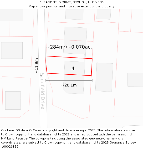 4, SANDFIELD DRIVE, BROUGH, HU15 1BN: Plot and title map