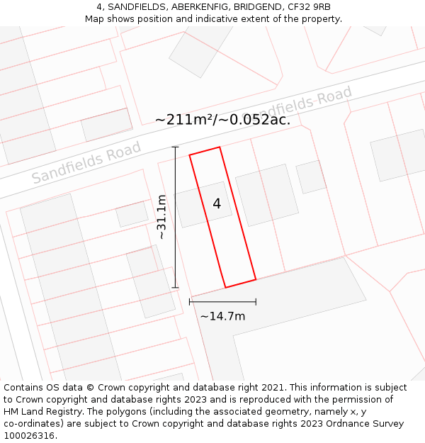 4, SANDFIELDS, ABERKENFIG, BRIDGEND, CF32 9RB: Plot and title map