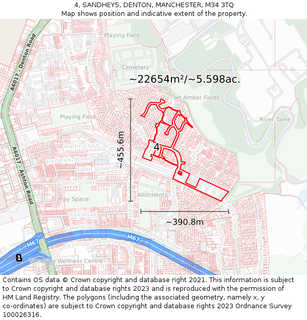 4, SANDHEYS, DENTON, MANCHESTER, M34 3TQ: Plot and title map
