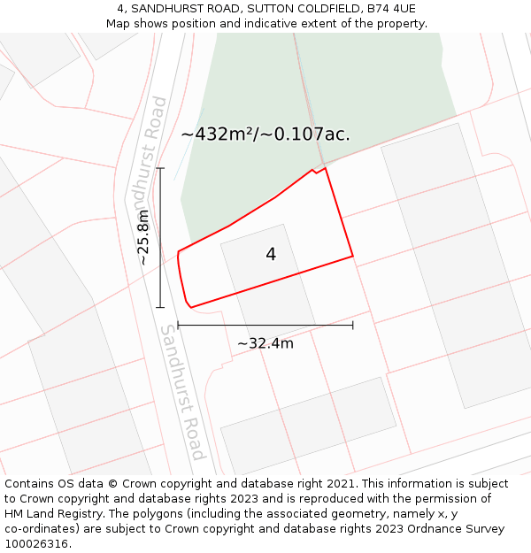4, SANDHURST ROAD, SUTTON COLDFIELD, B74 4UE: Plot and title map