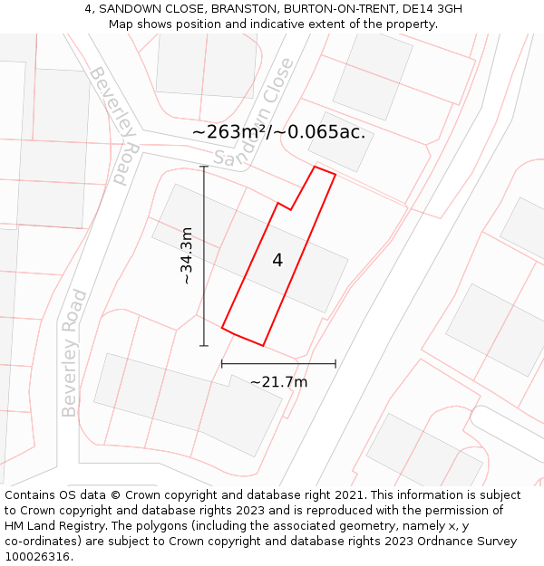 4, SANDOWN CLOSE, BRANSTON, BURTON-ON-TRENT, DE14 3GH: Plot and title map