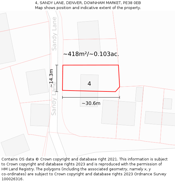 4, SANDY LANE, DENVER, DOWNHAM MARKET, PE38 0EB: Plot and title map