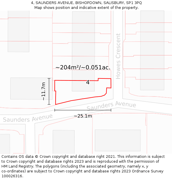 4, SAUNDERS AVENUE, BISHOPDOWN, SALISBURY, SP1 3PQ: Plot and title map