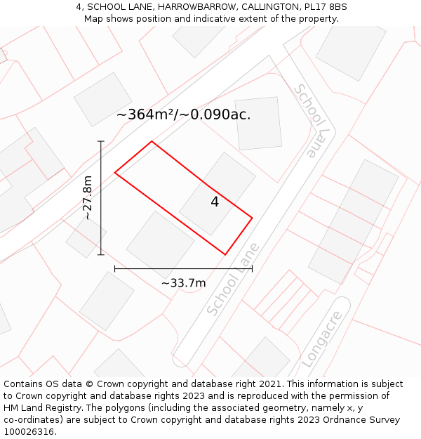 4, SCHOOL LANE, HARROWBARROW, CALLINGTON, PL17 8BS: Plot and title map