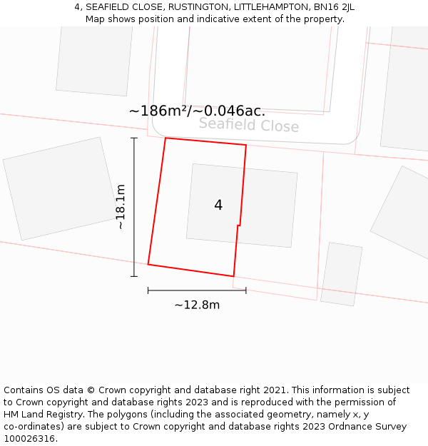 4, SEAFIELD CLOSE, RUSTINGTON, LITTLEHAMPTON, BN16 2JL: Plot and title map