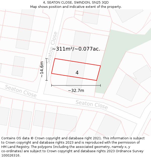 4, SEATON CLOSE, SWINDON, SN25 3QD: Plot and title map