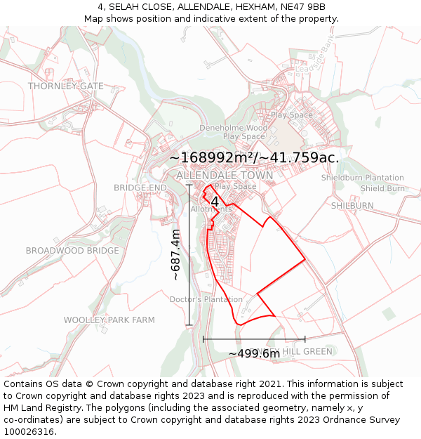 4, SELAH CLOSE, ALLENDALE, HEXHAM, NE47 9BB: Plot and title map