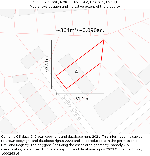 4, SELBY CLOSE, NORTH HYKEHAM, LINCOLN, LN6 8JE: Plot and title map
