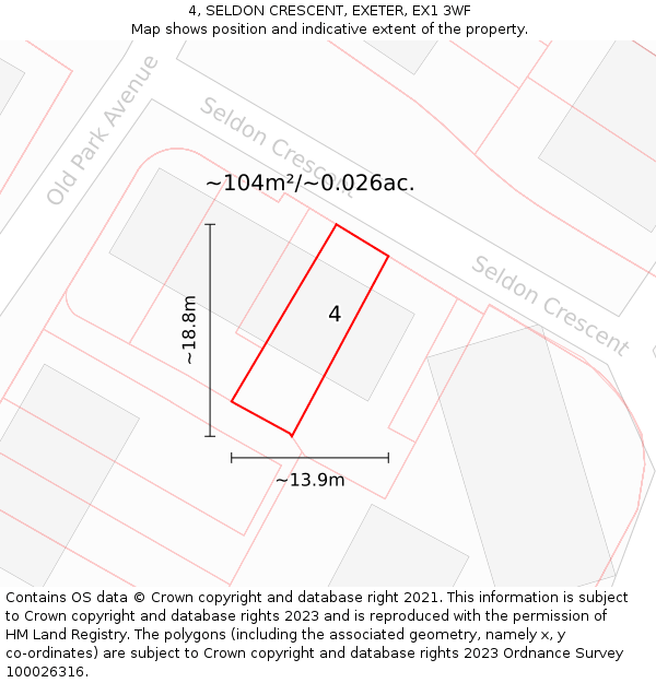 4, SELDON CRESCENT, EXETER, EX1 3WF: Plot and title map
