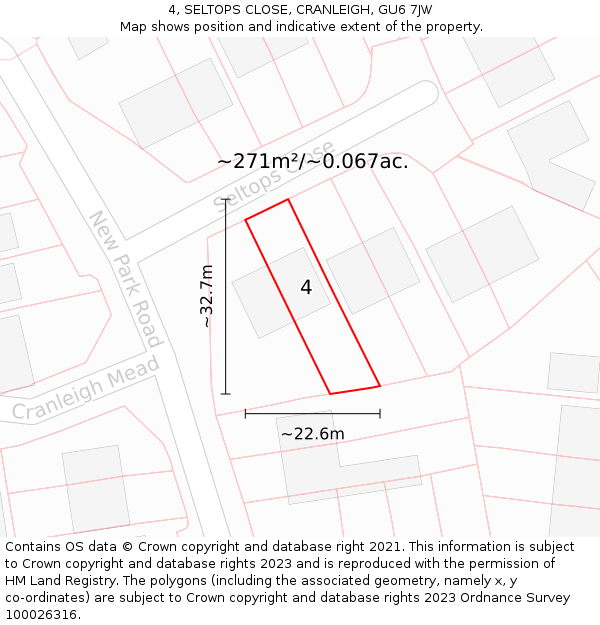 4, SELTOPS CLOSE, CRANLEIGH, GU6 7JW: Plot and title map