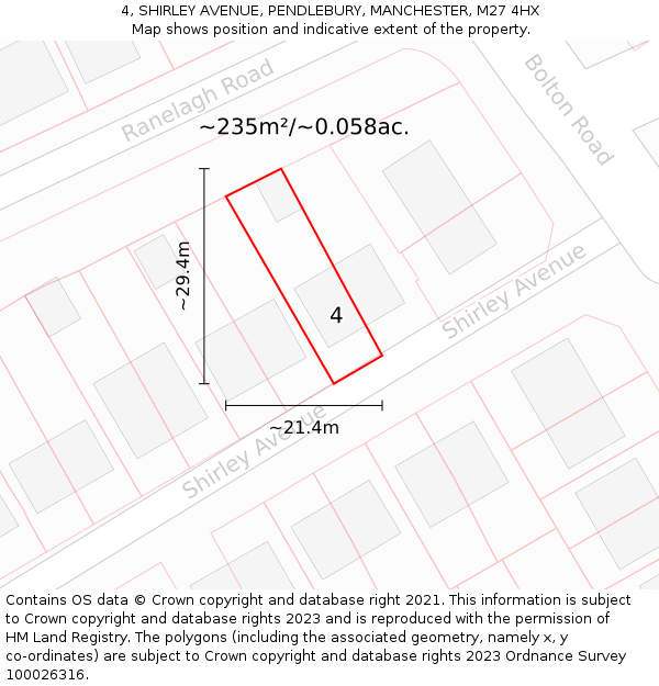 4, SHIRLEY AVENUE, PENDLEBURY, MANCHESTER, M27 4HX: Plot and title map