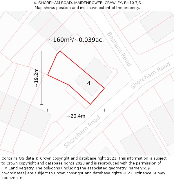 4, SHOREHAM ROAD, MAIDENBOWER, CRAWLEY, RH10 7JS: Plot and title map