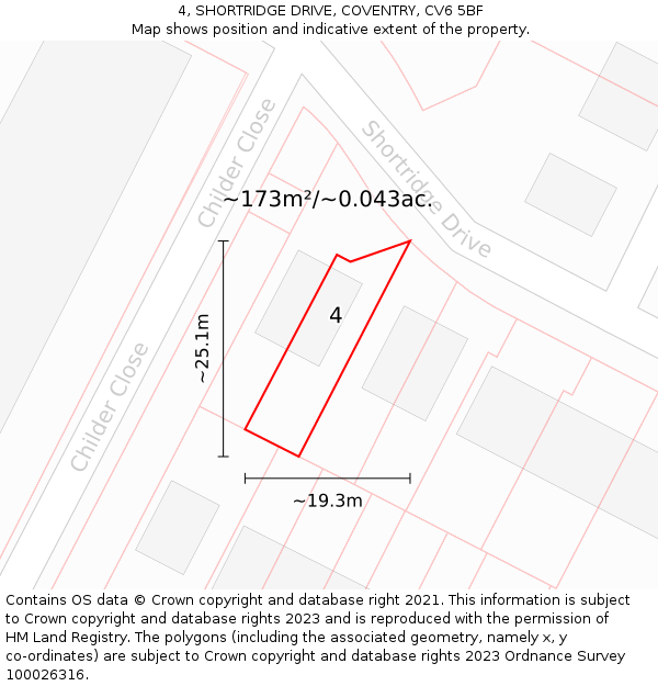 4, SHORTRIDGE DRIVE, COVENTRY, CV6 5BF: Plot and title map
